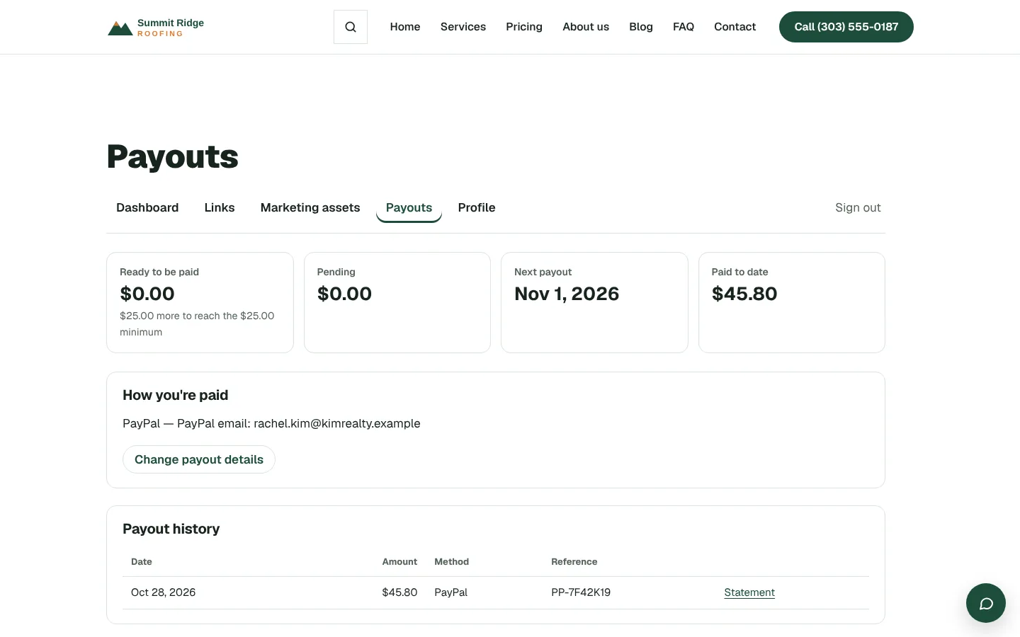 The affiliate's payouts