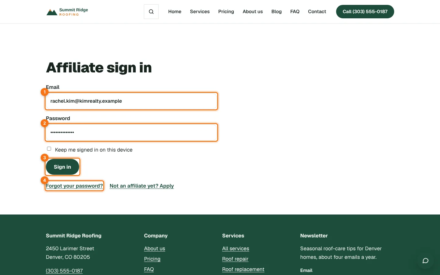 The affiliate sign-in
