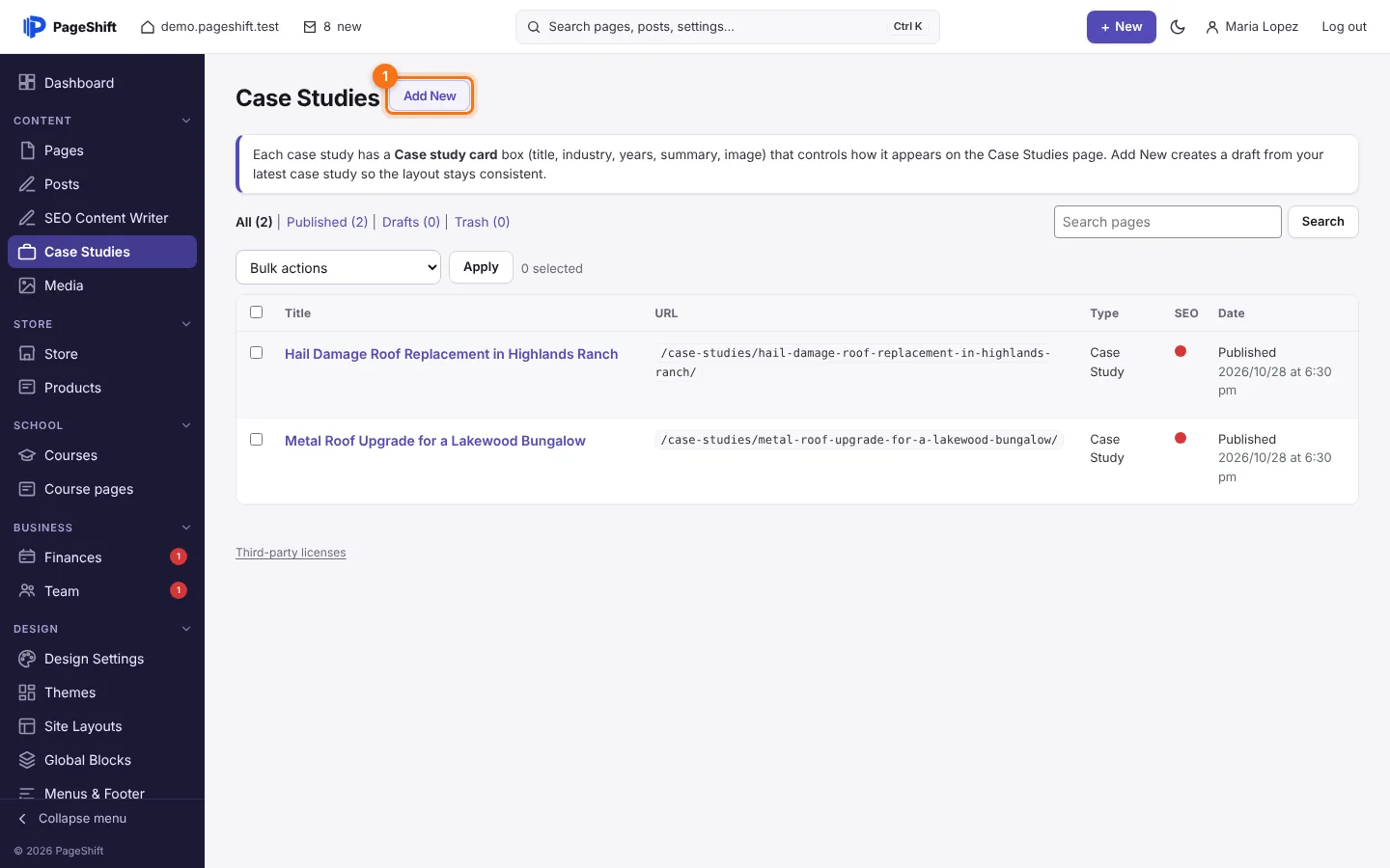 The Case Studies list