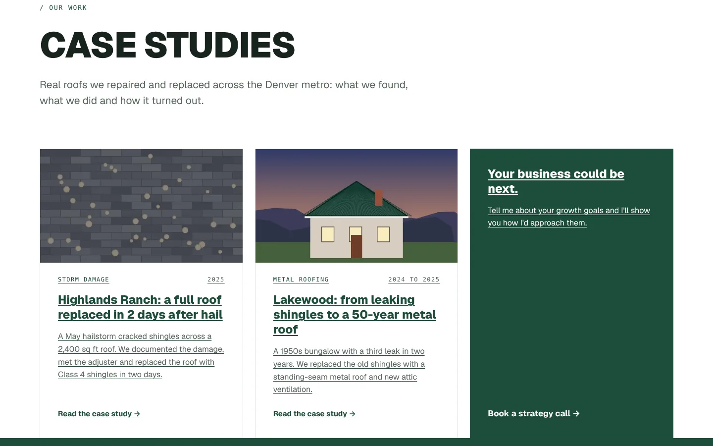 Case study cards on the website