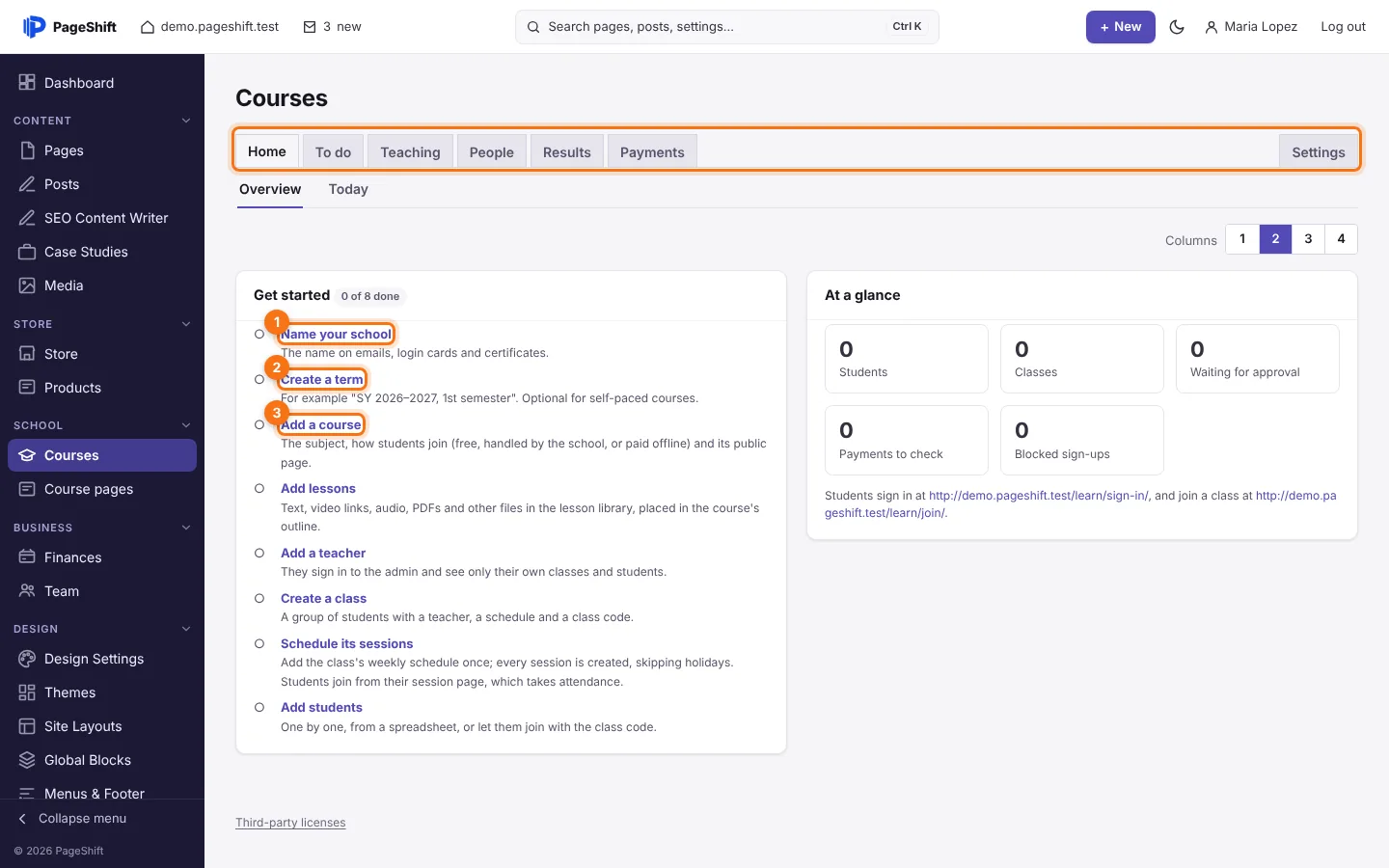 The Courses Overview with the Get started list