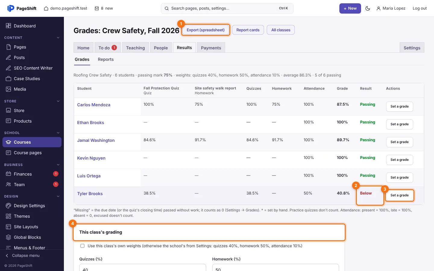 The gradebook for Crew Safety, Fall 2026