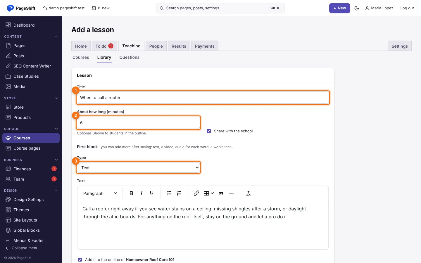 Adding a text lesson