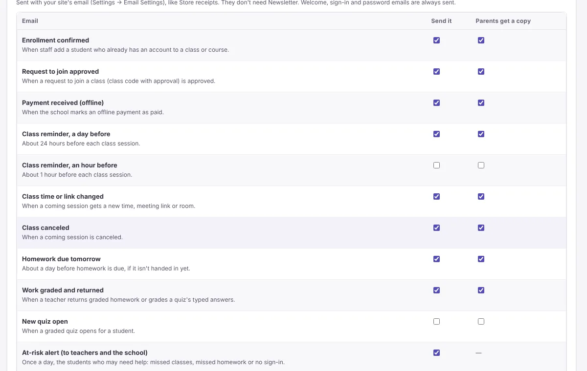 Settings → Emails