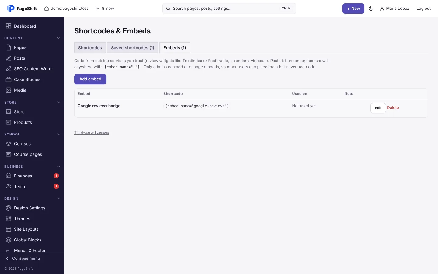 The Embeds tab