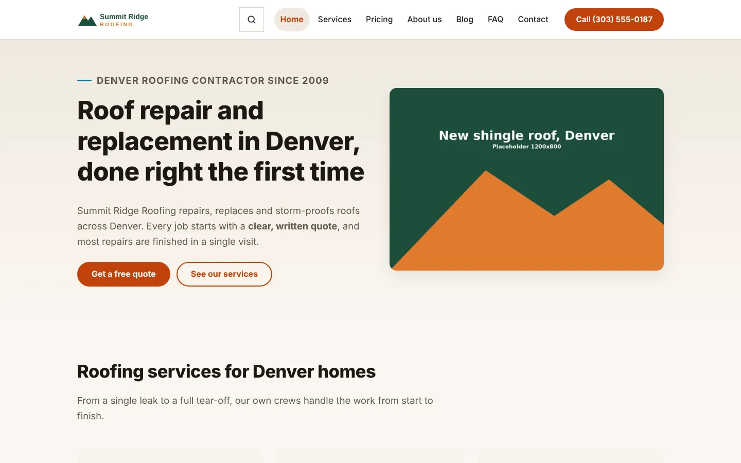 Previewing the Hearth theme on the Summit Ridge Roofing site