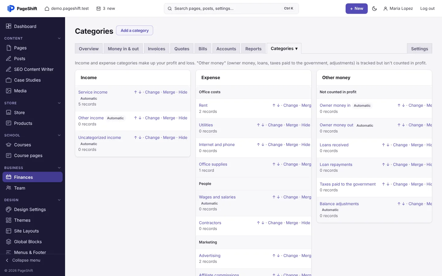 The Categories screen