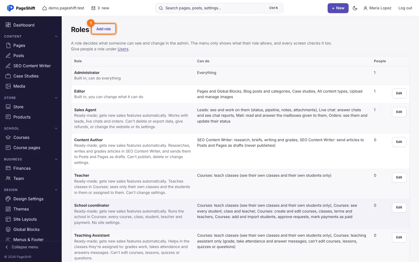 The Roles screen