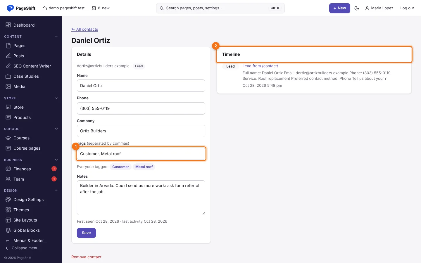 A contact with tags and a timeline
