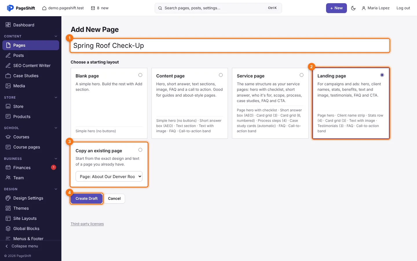 Add New Page: the title and a starting layout