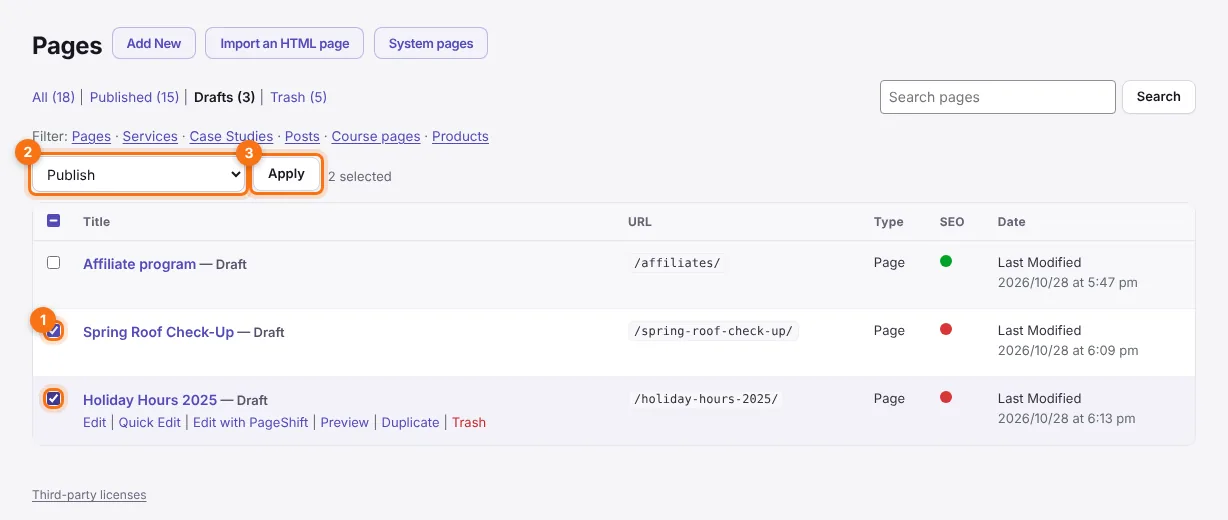 Two drafts ticked, ready to publish