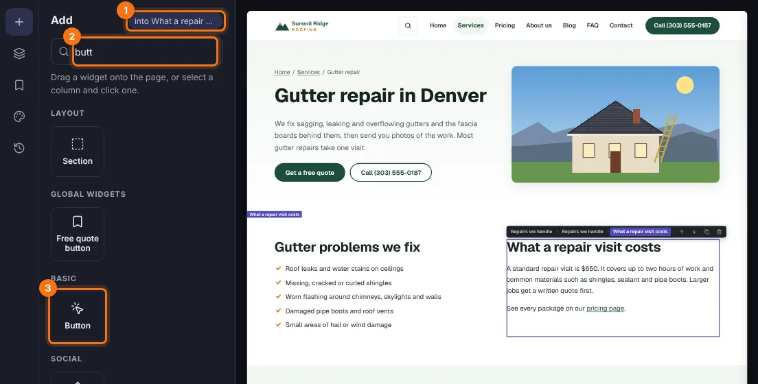 Adding a button into the selected column