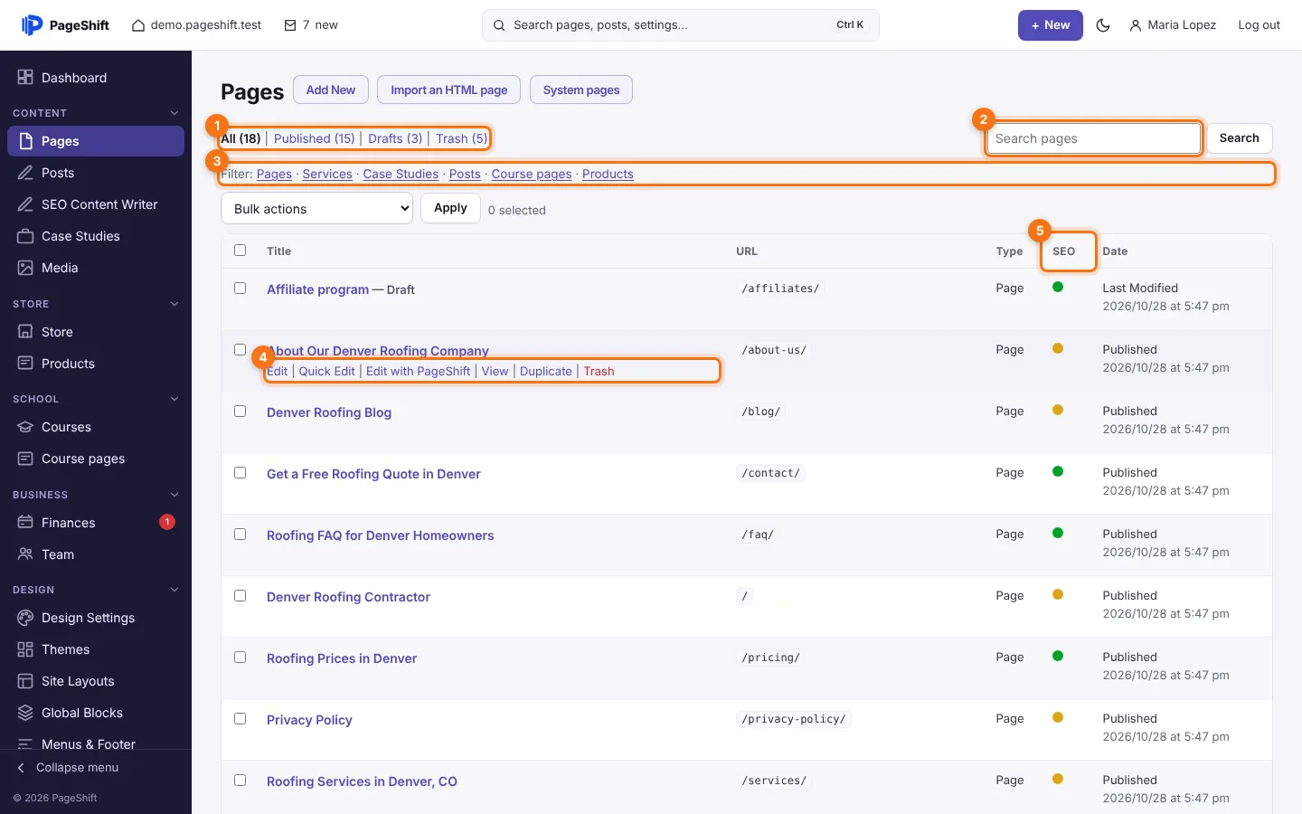 The Pages list