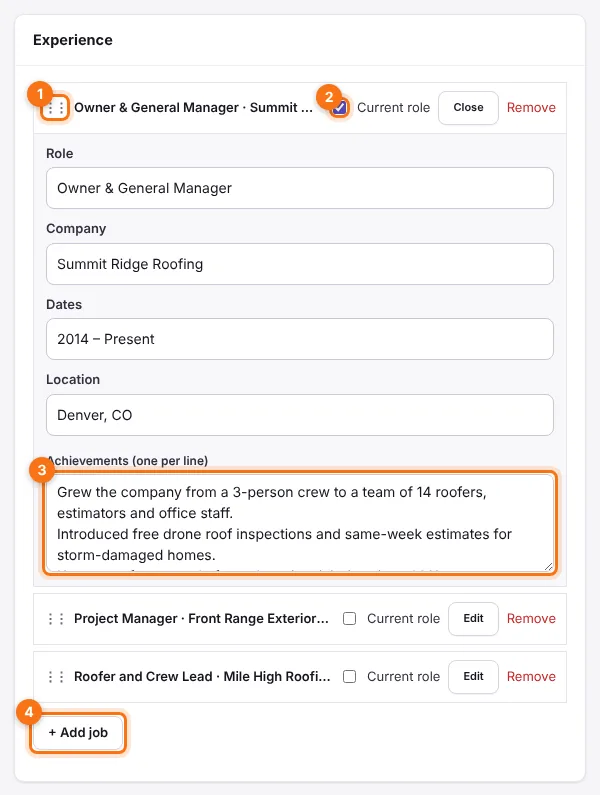 Jobs in the Experience box