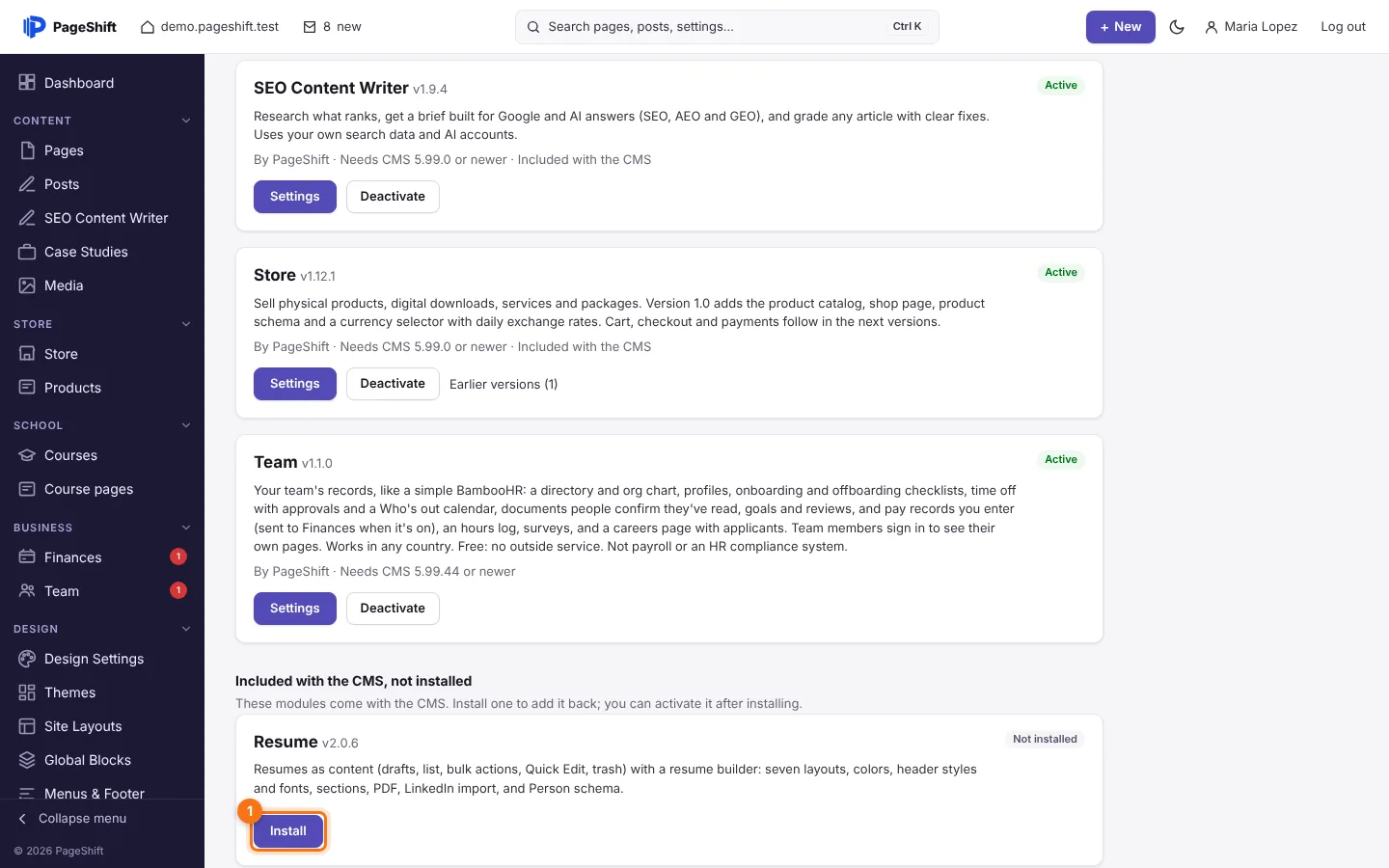 Install Resume from the Modules screen