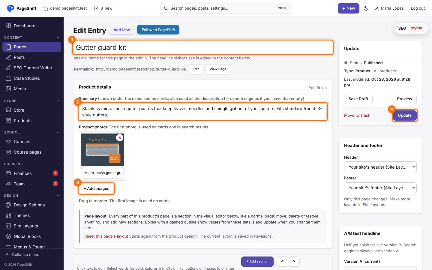 The product's edit screen