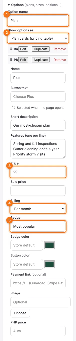 Options set up as plan cards