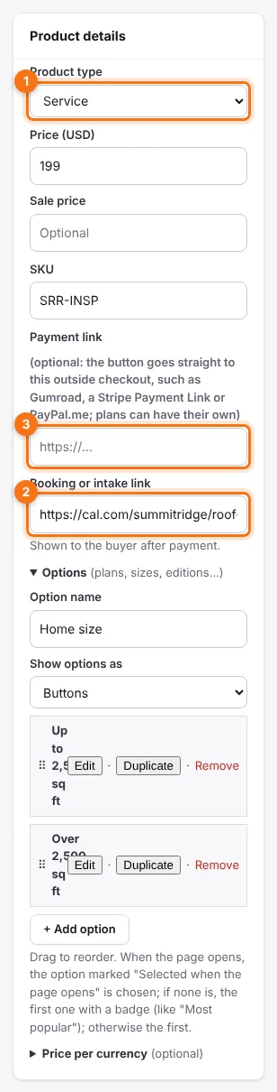 A service with a booking link