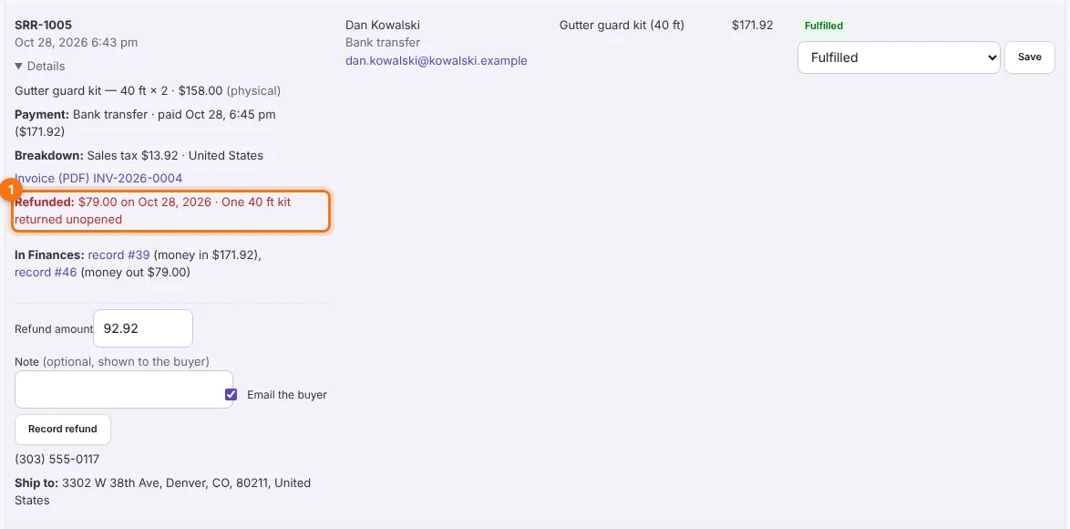 The refund in the order details