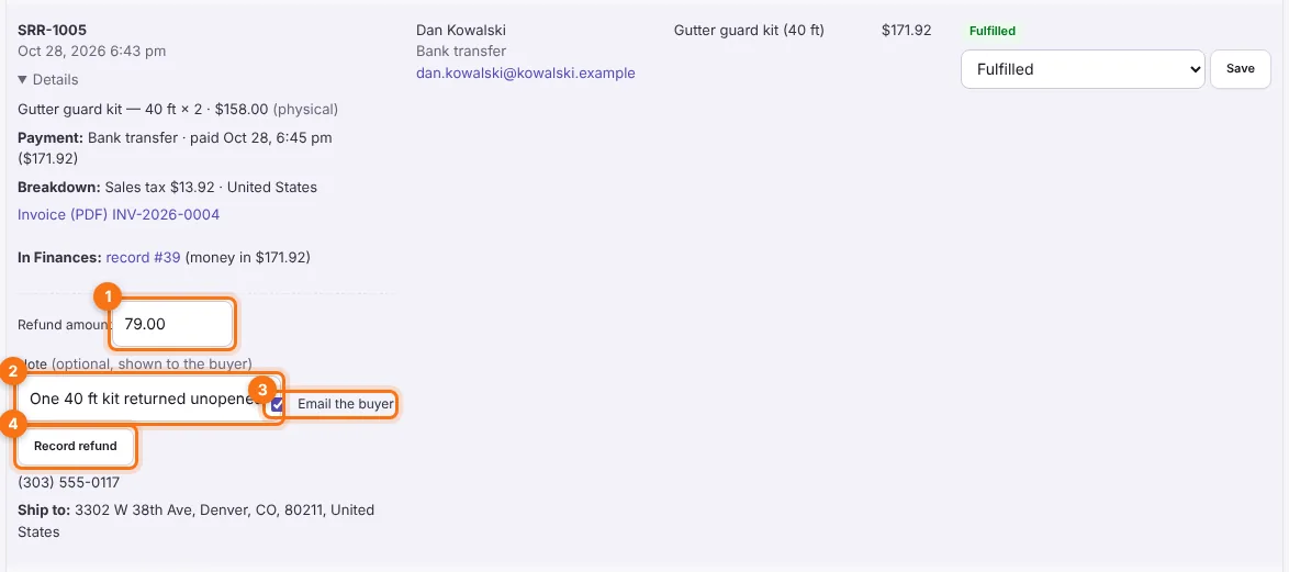 The refund form in the order details