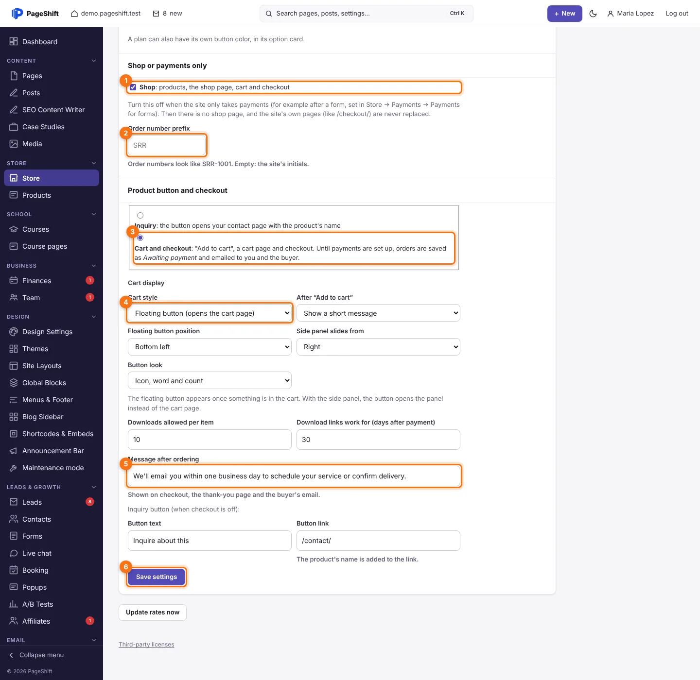 Shop, order numbers and checkout settings