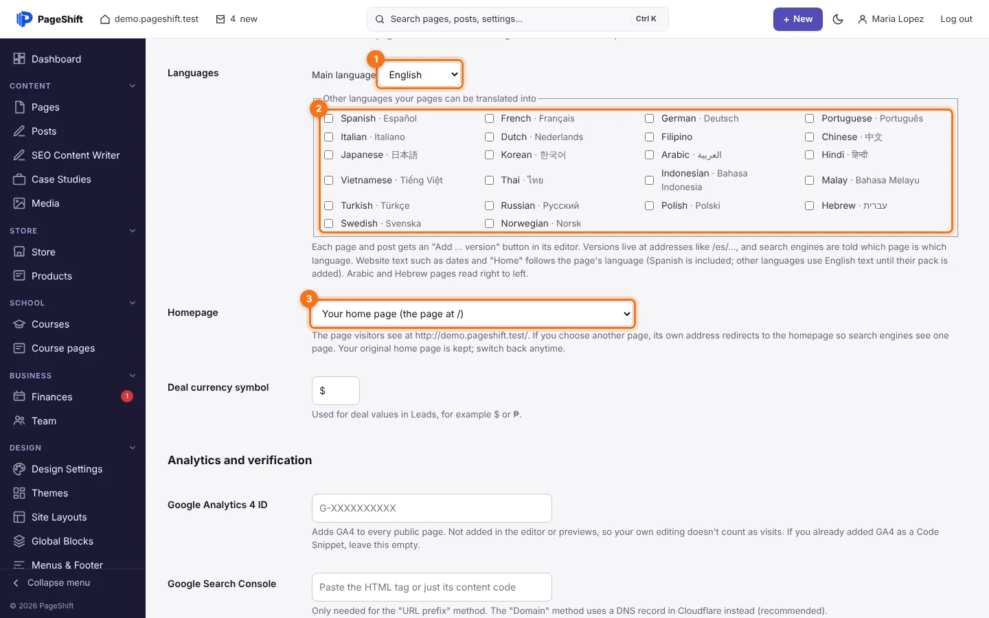 Languages and homepage in Settings → General