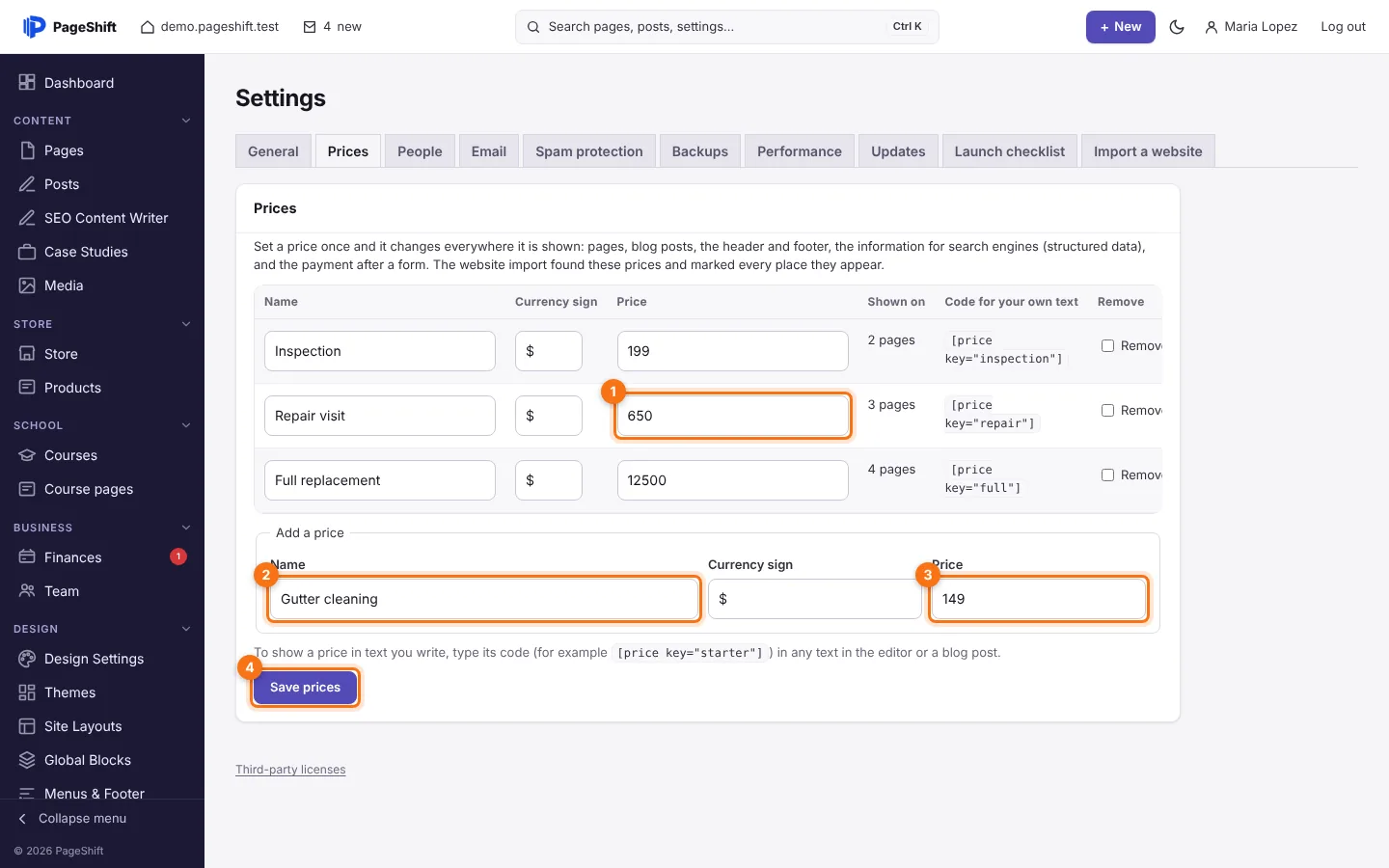 Settings → Prices
