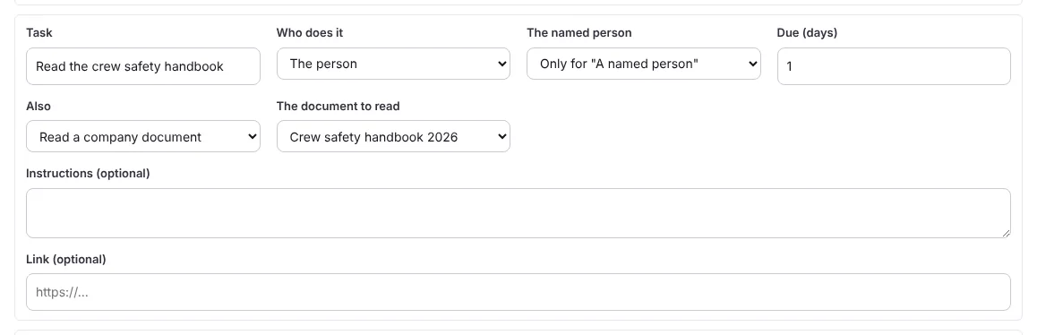 A task that asks the new person to read the safety handbook